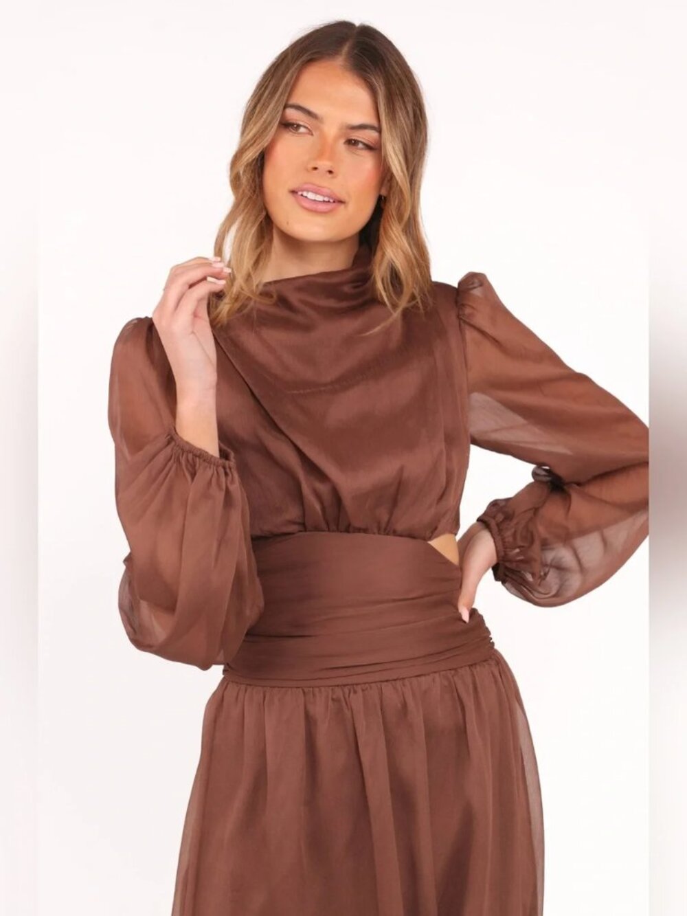 NWT Petal & Pup Neveah Brown Chiffon Cutout Maxi Dress Sz 8 Wedding Guest - Picture 4 of 7